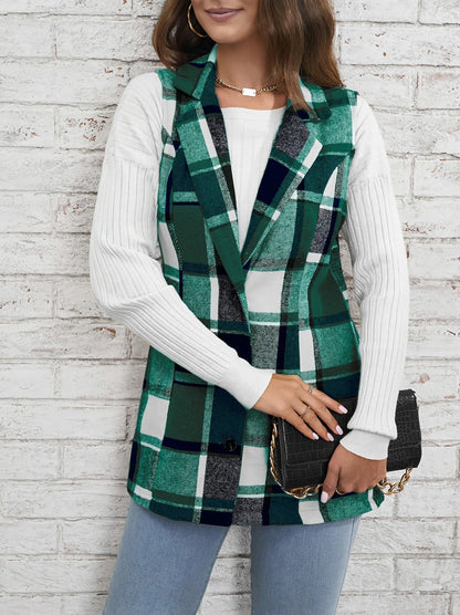 Plaid Button Front Sleeveless Vest