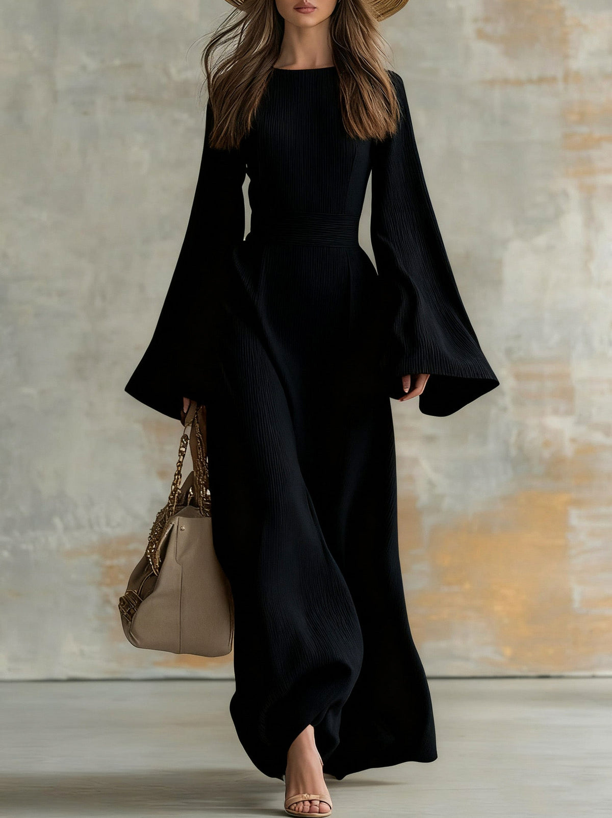 Pleated Long Bell Sleeve Maxi Dress