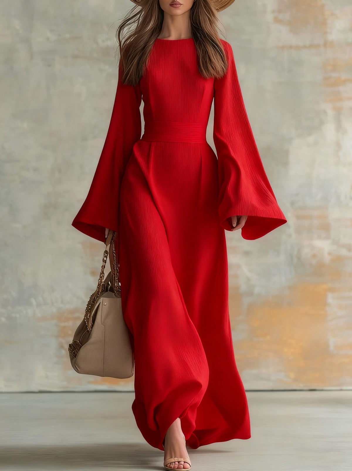 Pleated Long Bell Sleeve Maxi Dress