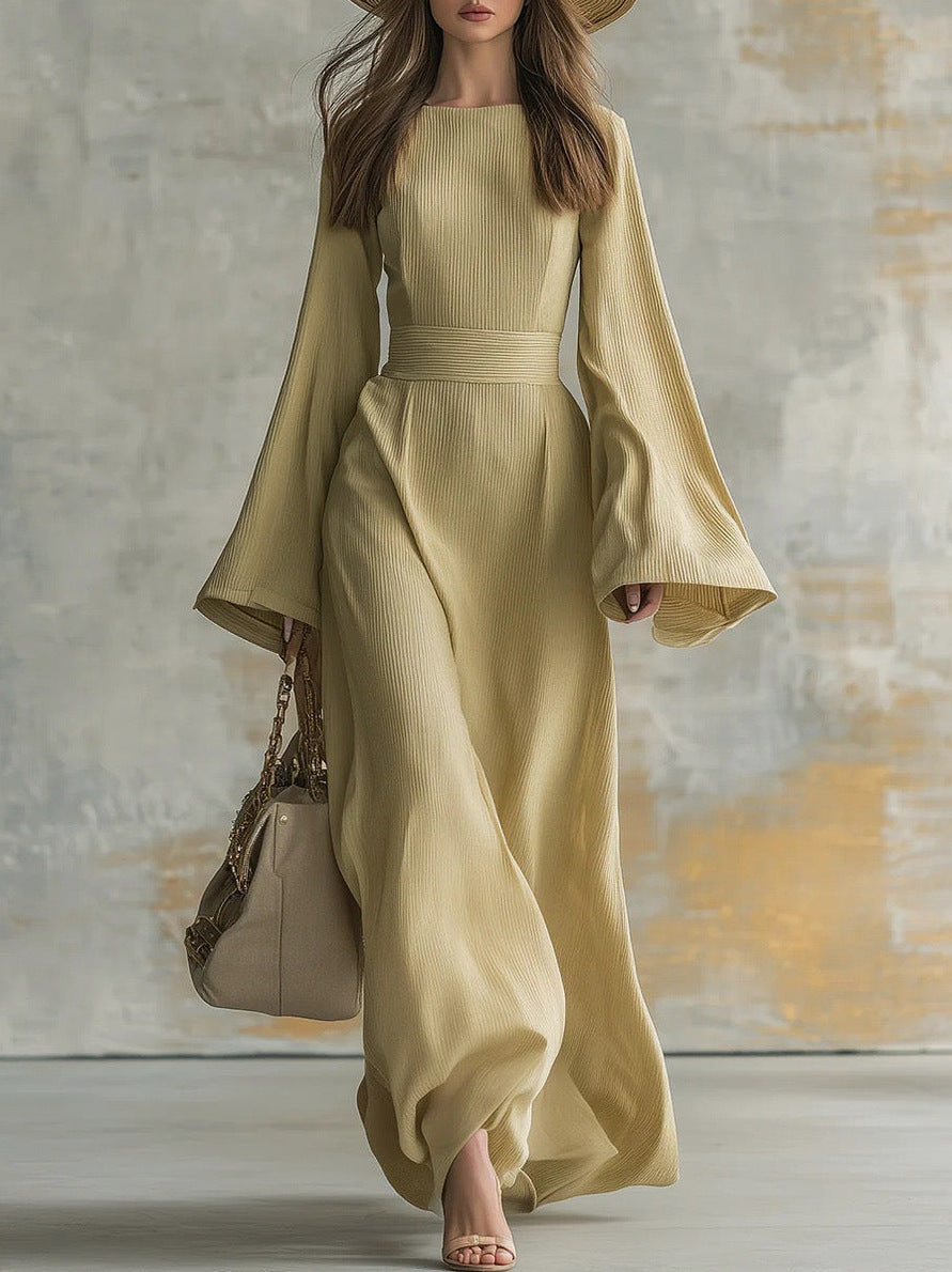 Pleated Long Bell Sleeve Maxi Dress