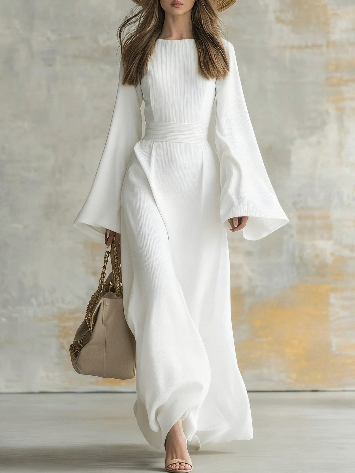 Pleated Long Bell Sleeve Maxi Dress