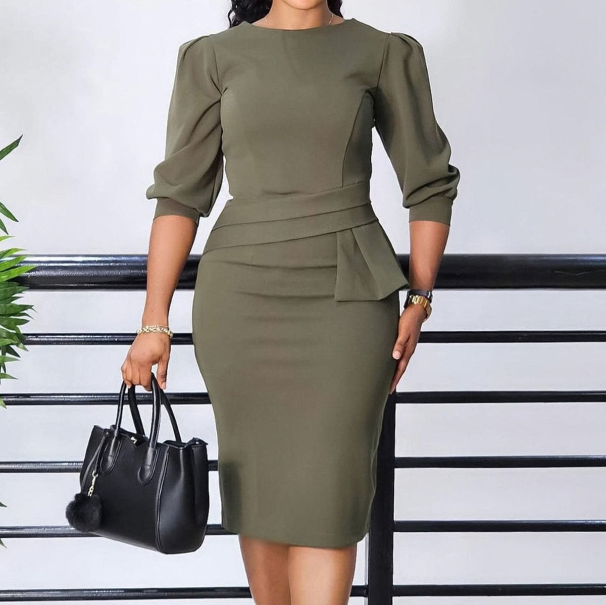 3/4 Puff Sleeve Peplum Midi Dress