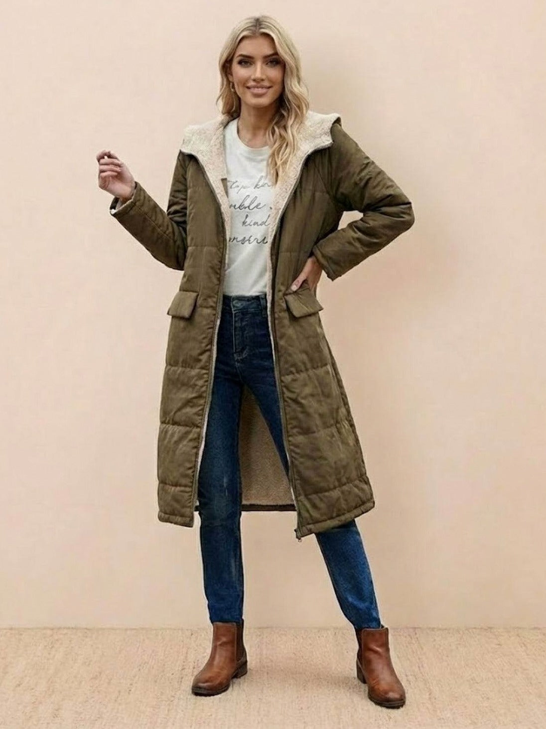 Quilted Sherpa Lined Long Sleeve Coat