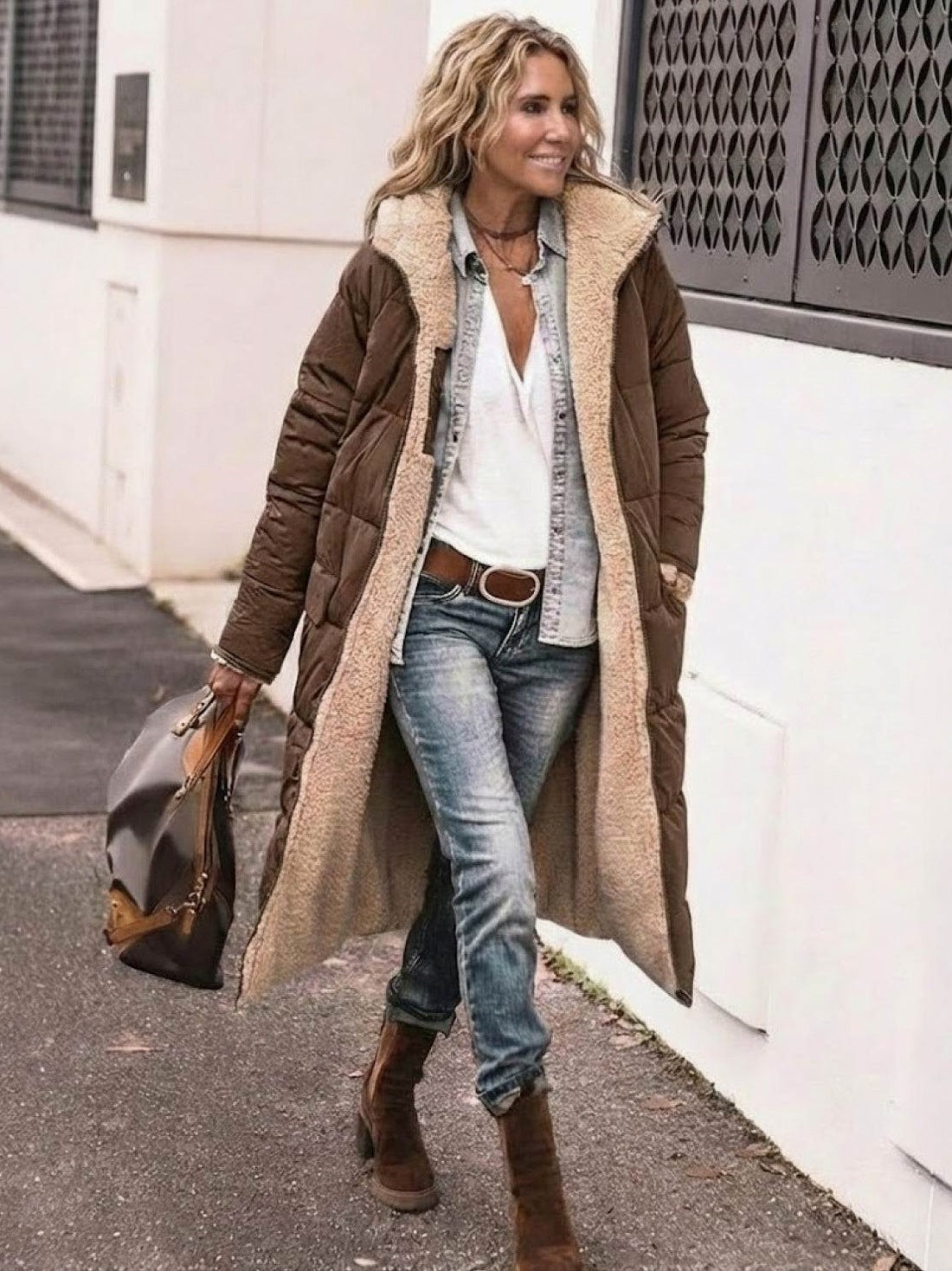 Quilted Sherpa Lined Long Sleeve Coat
