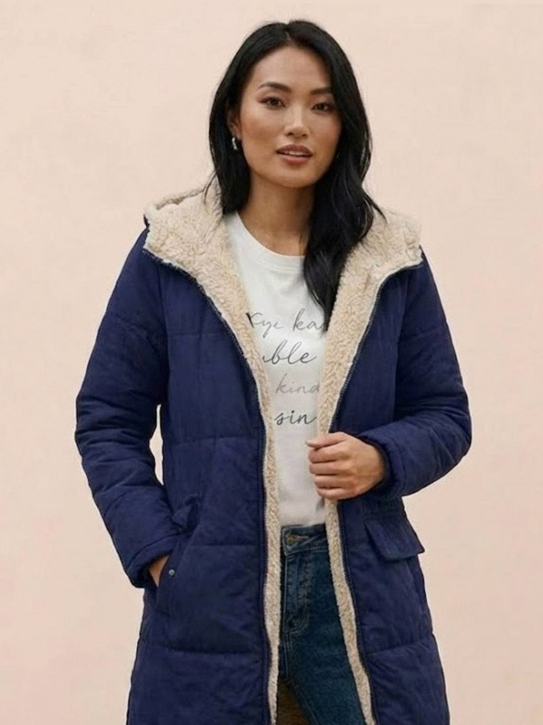 Quilted Sherpa Lined Long Sleeve Coat