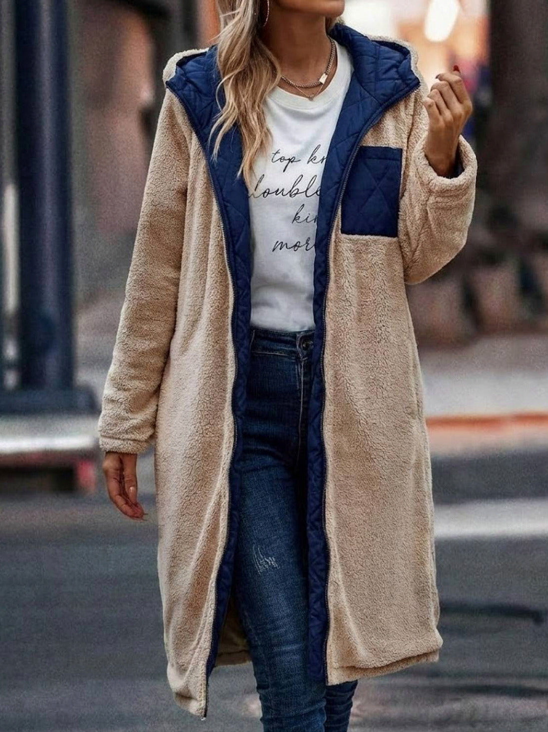 Quilted Sherpa Lined Long Sleeve Coat