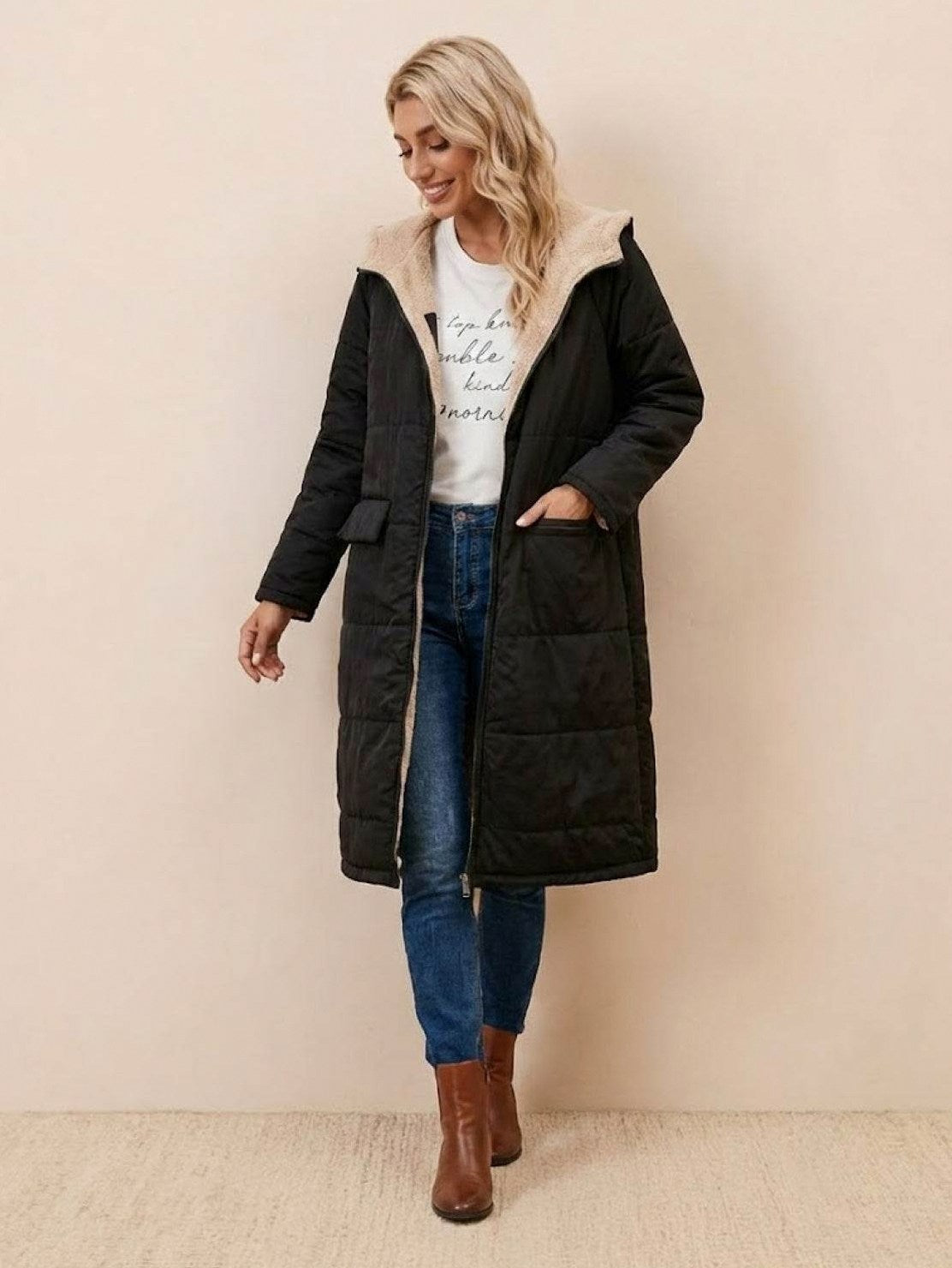 Quilted Sherpa Lined Long Sleeve Coat