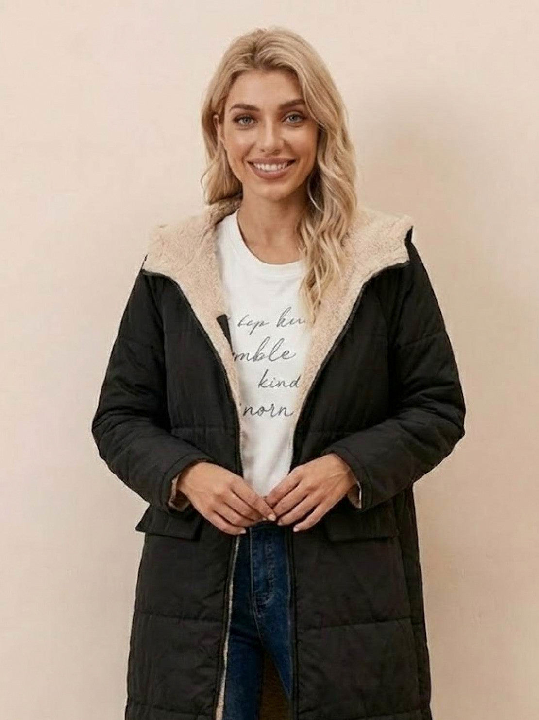 Quilted Sherpa Lined Long Sleeve Coat