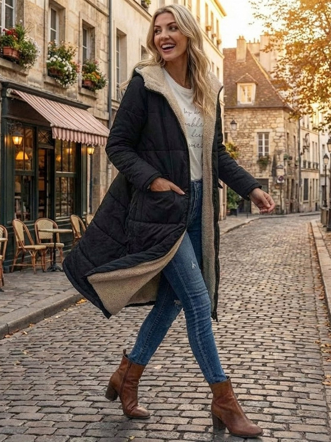 Quilted Sherpa Lined Long Sleeve Coat