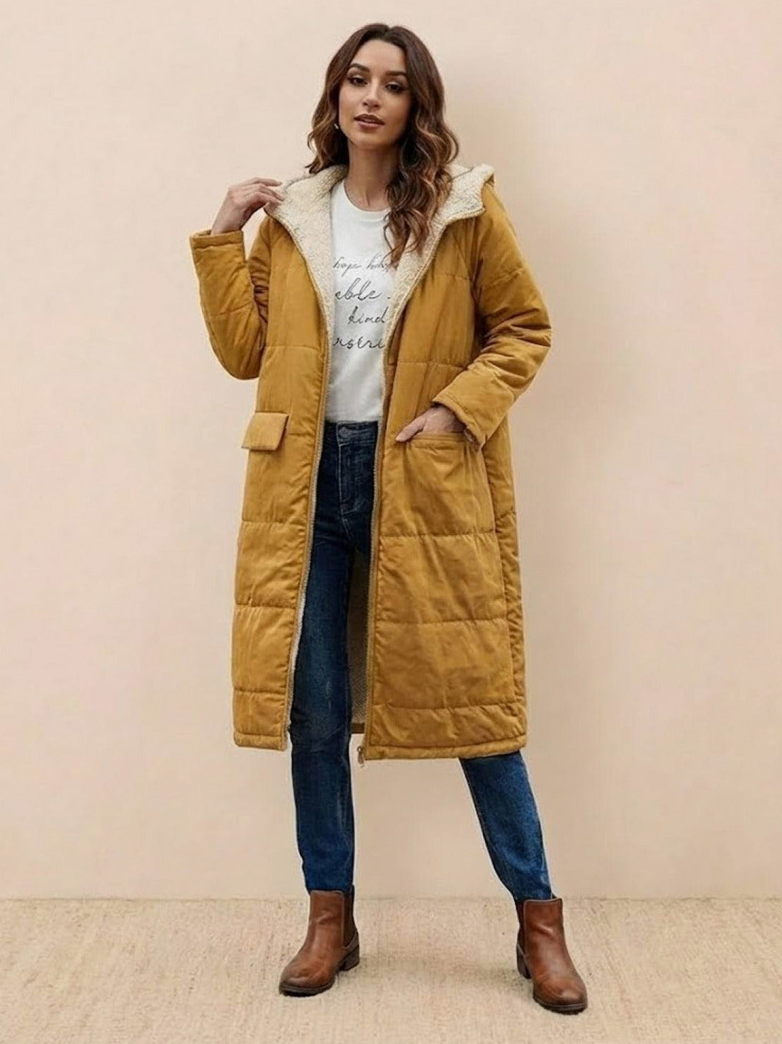 Quilted Sherpa Lined Long Sleeve Coat