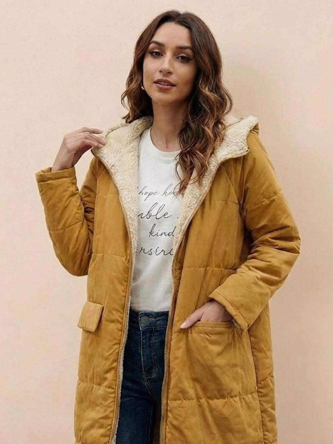 Quilted Sherpa Lined Long Sleeve Coat