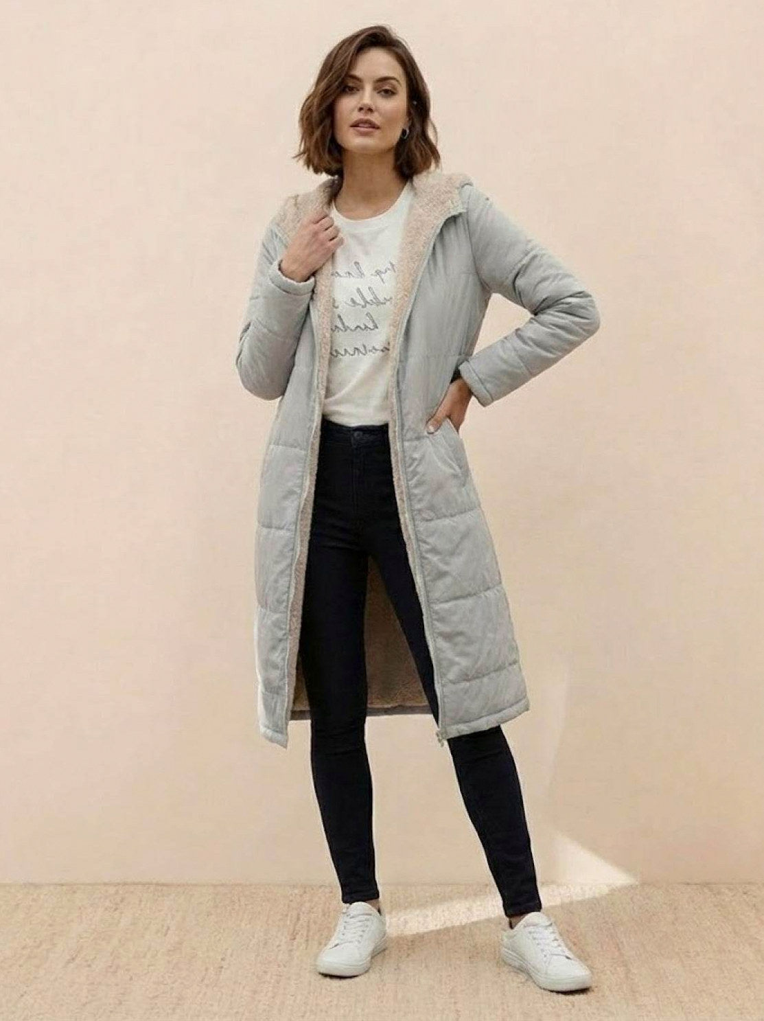 Quilted Sherpa Lined Long Sleeve Coat