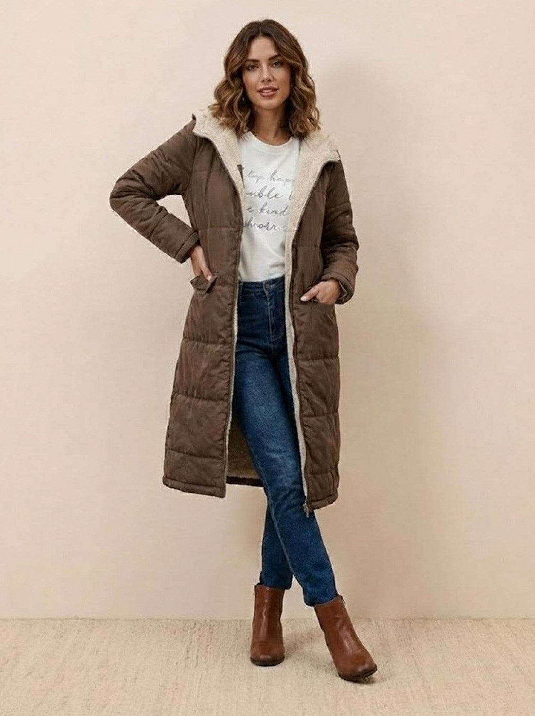 Quilted Sherpa Lined Long Sleeve Coat