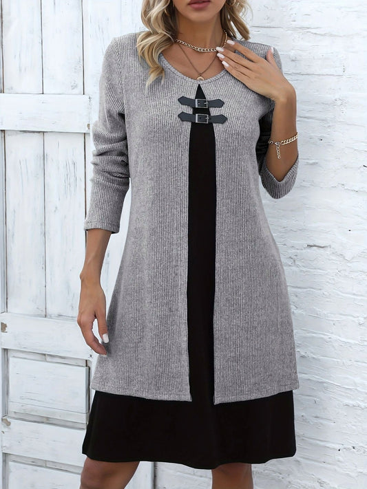 Ribbed Knit Buckle Front Long Sleeve Mini Sweater Dress