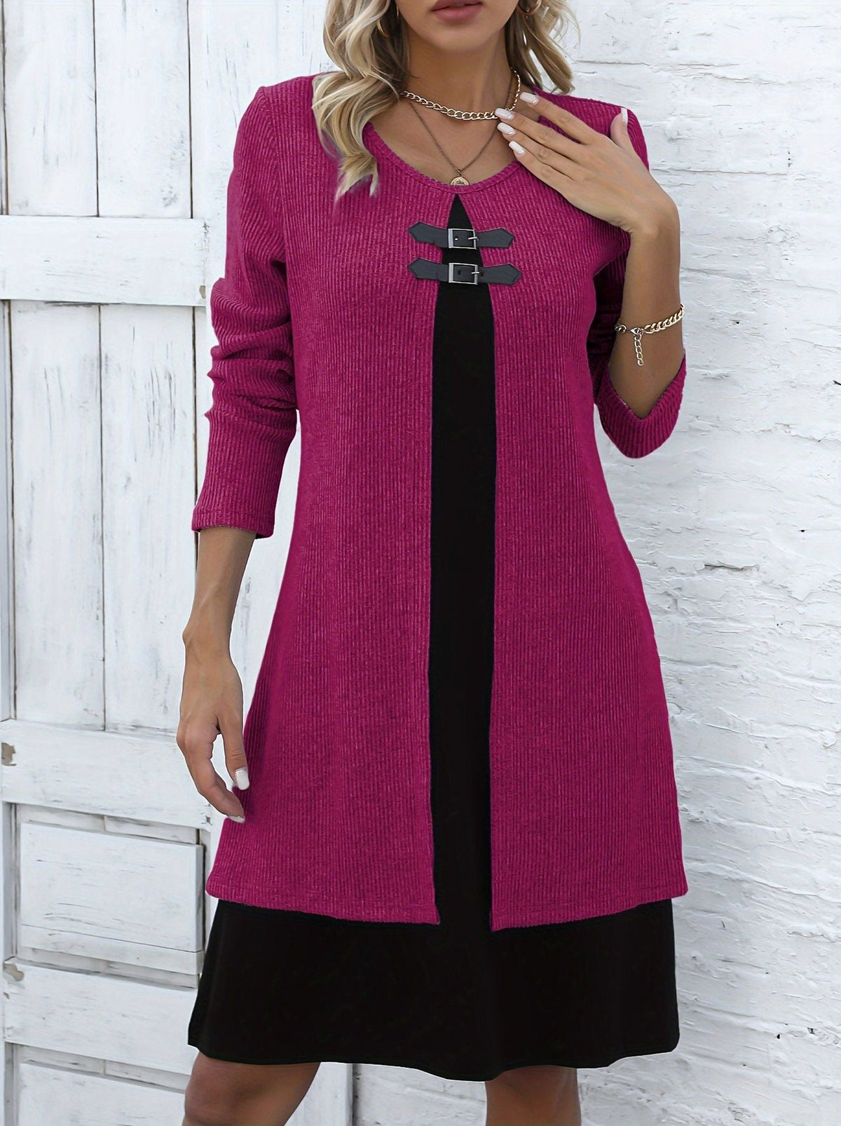 Ribbed Knit Buckle Front Long Sleeve Mini Sweater Dress