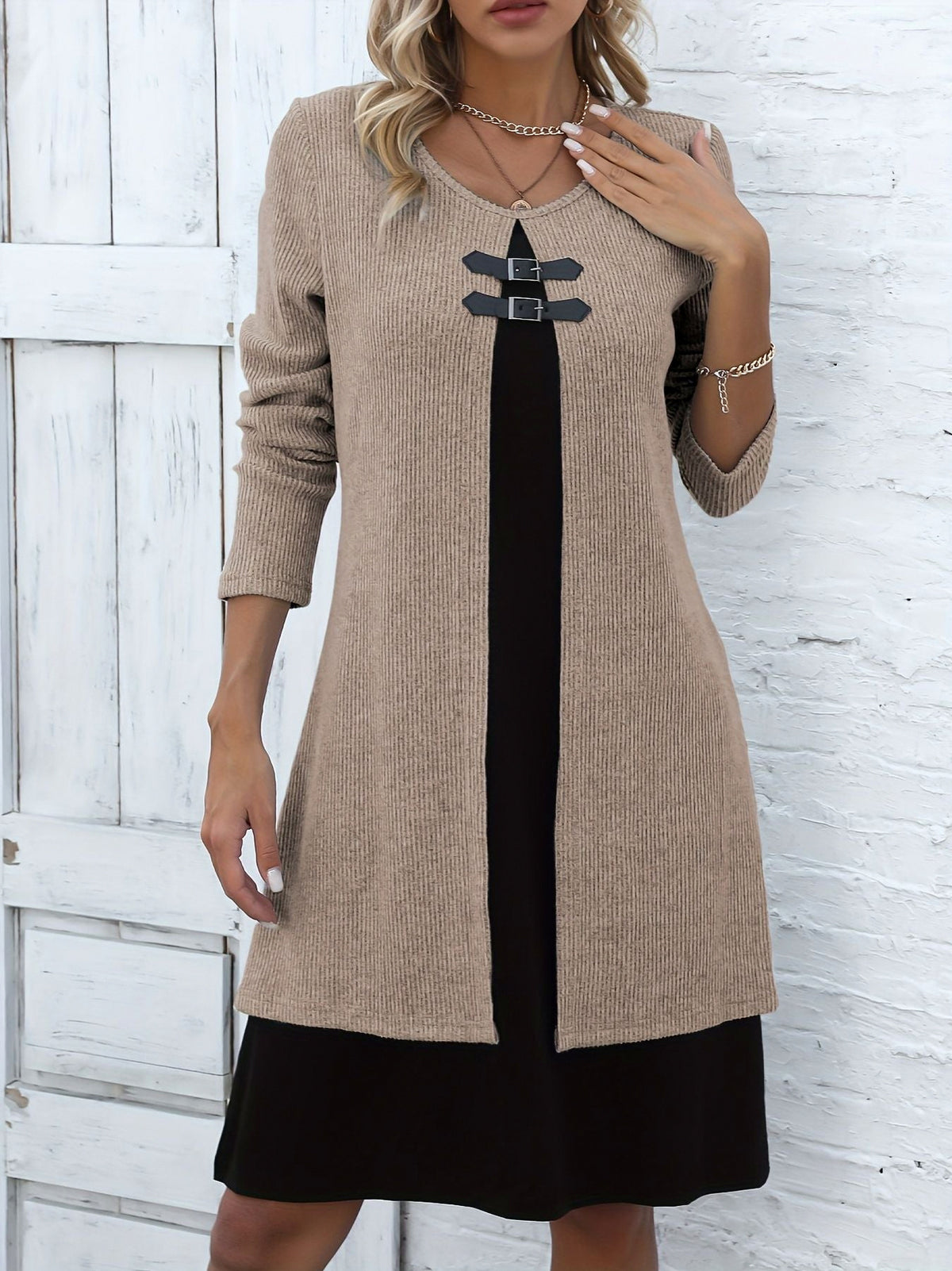 Ribbed Knit Buckle Front Long Sleeve Mini Sweater Dress