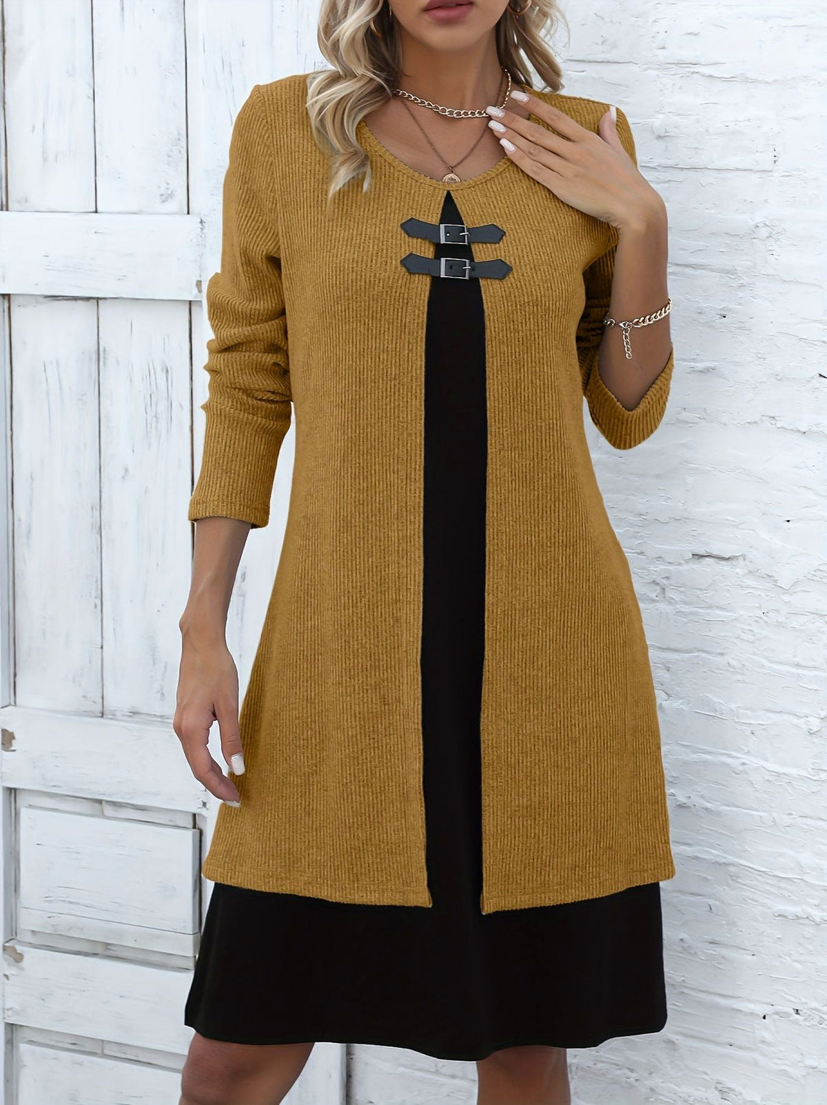 Ribbed Knit Buckle Front Long Sleeve Mini Sweater Dress