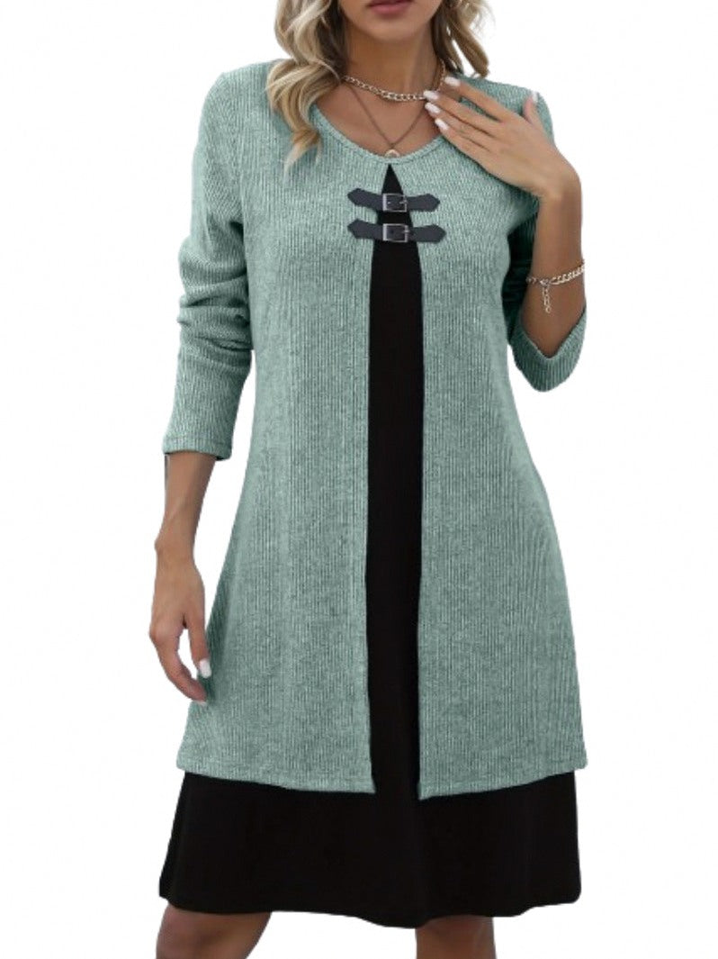 Ribbed Knit Buckle Front Long Sleeve Mini Sweater Dress