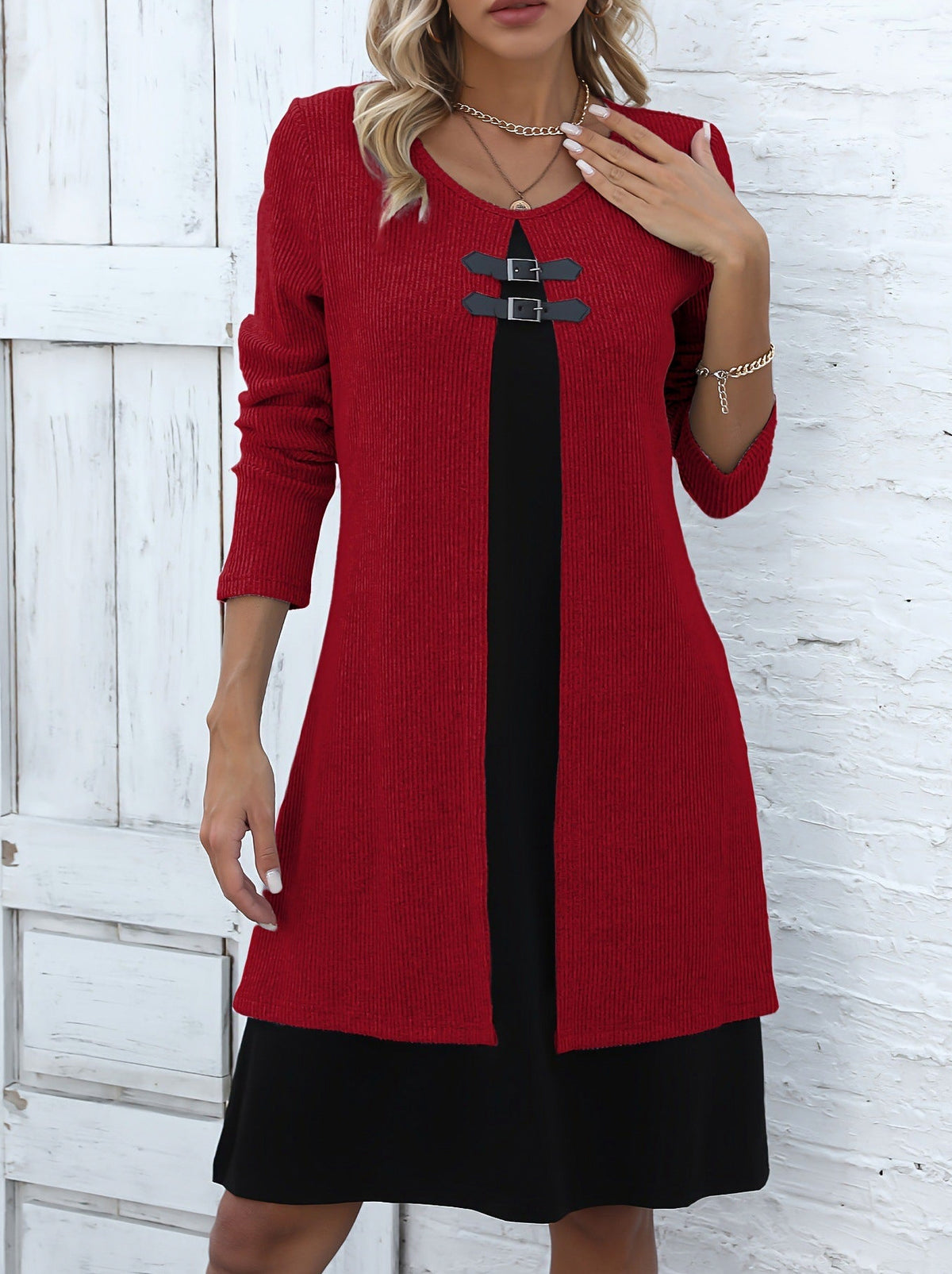 Ribbed Knit Buckle Front Long Sleeve Mini Sweater Dress