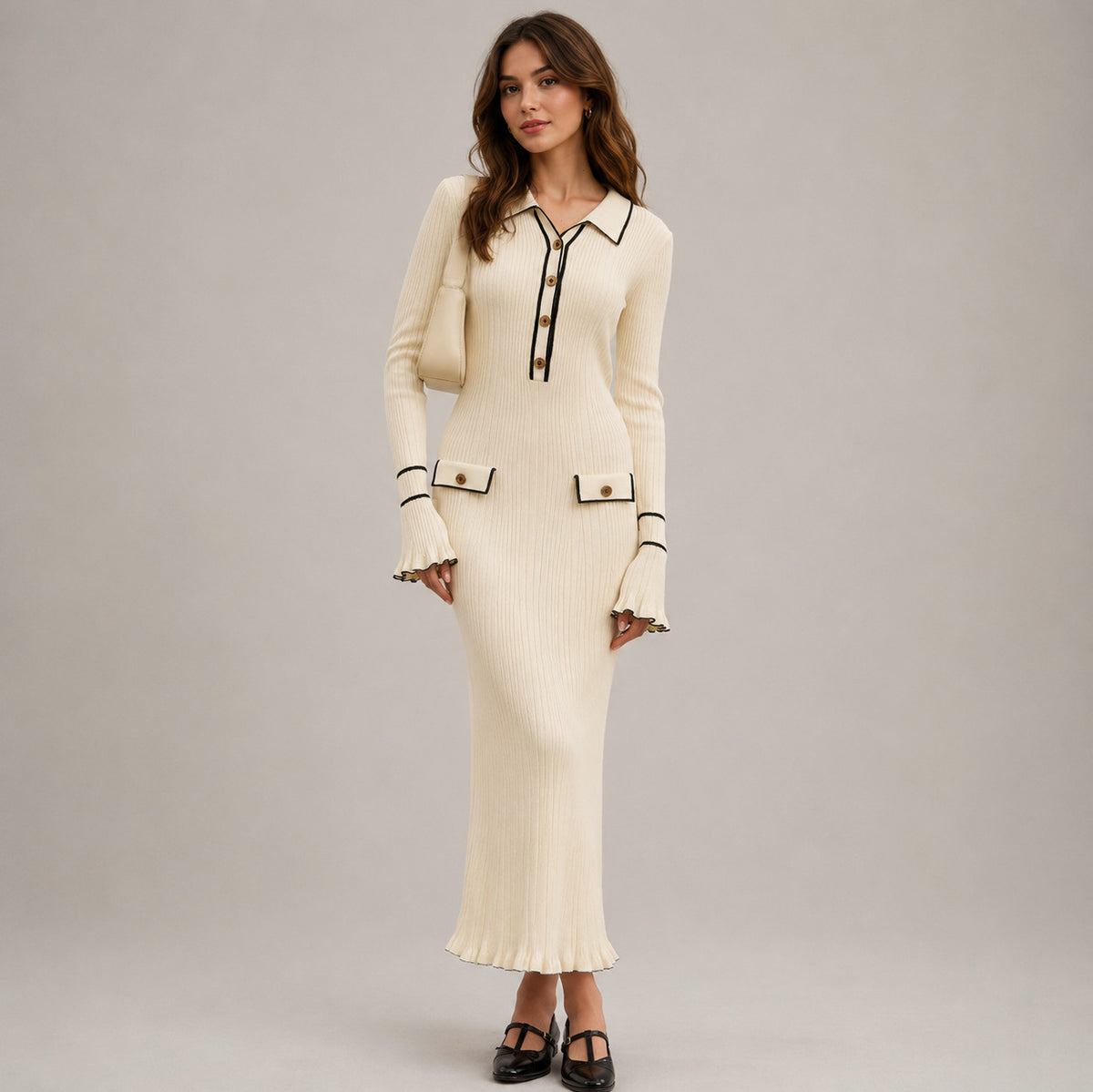 Ribbed Knit Collared Maxi Sweater Dress