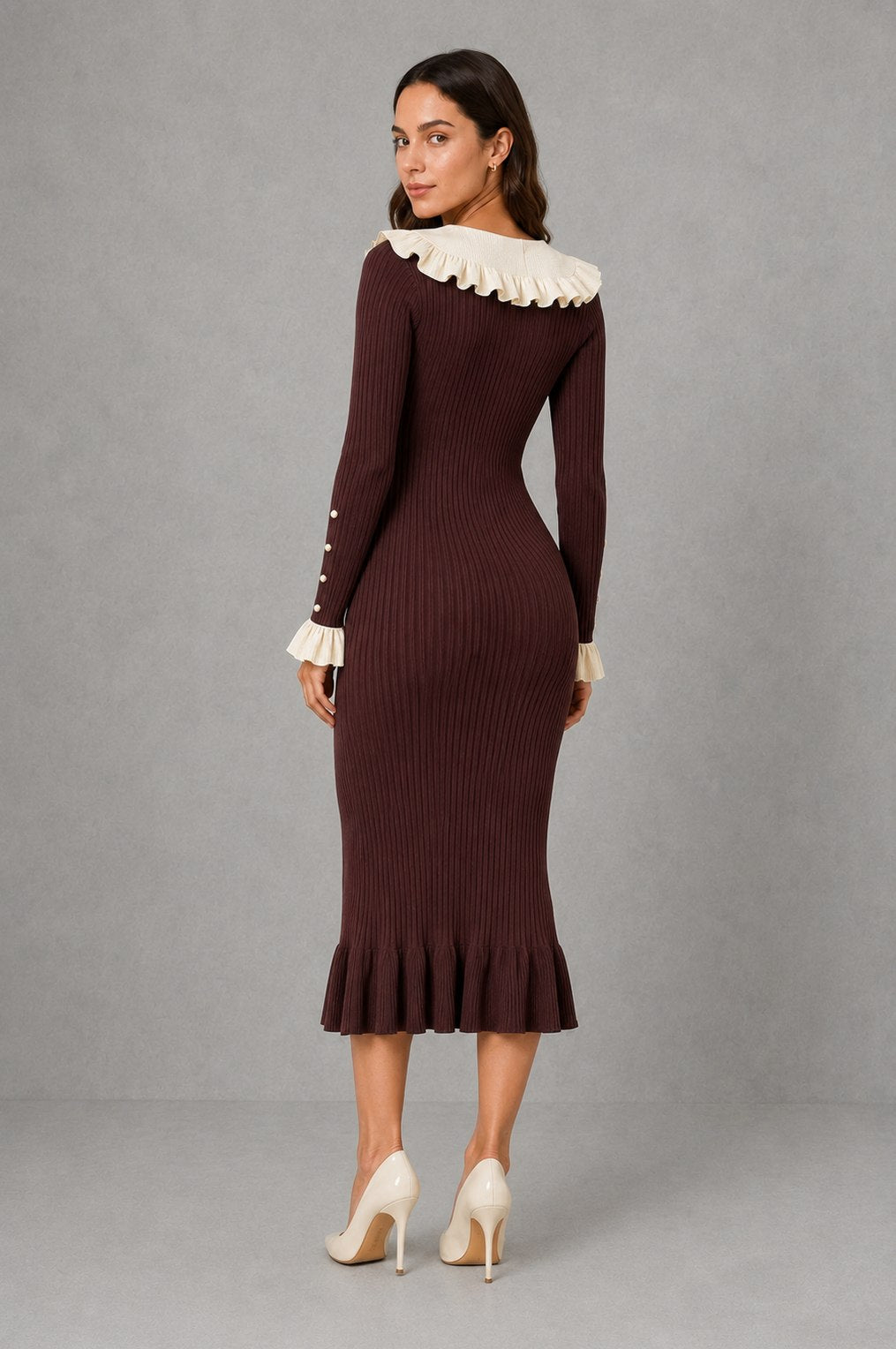 Ribbed Knit Collared Midi Dress