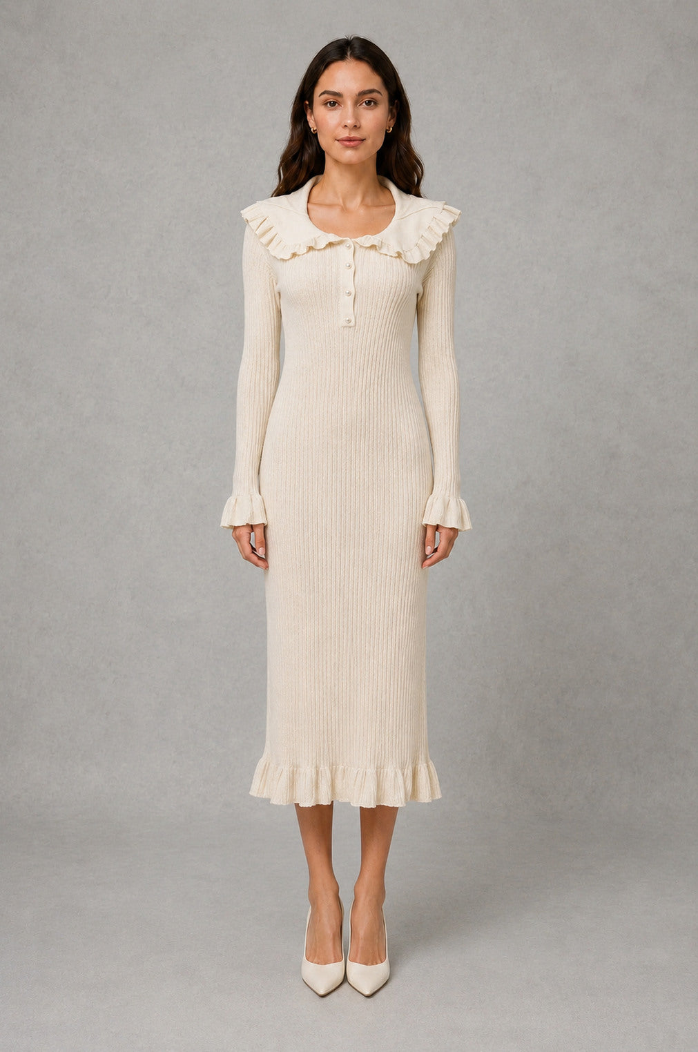 Ribbed Knit Collared Midi Dress