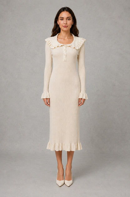 Ribbed Knit Collared Midi Dress