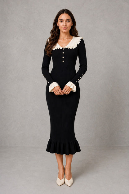 Ribbed Knit Collared Midi Dress