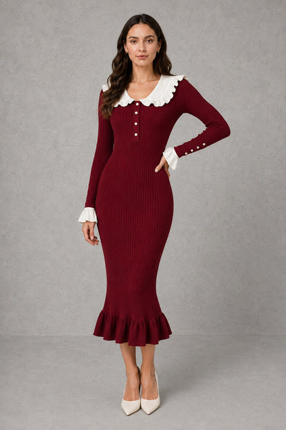 Ribbed Knit Collared Midi Dress