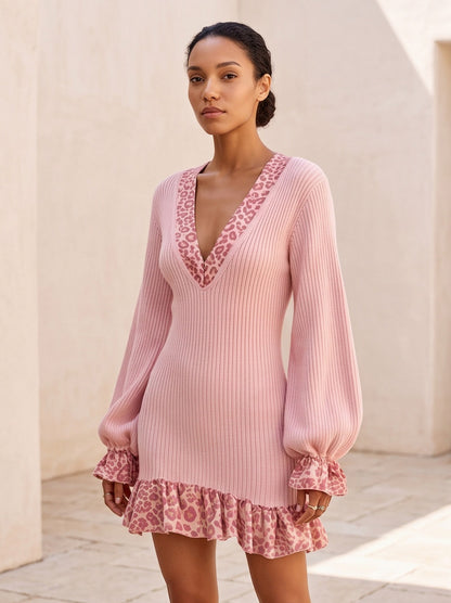 Ribbed Knit Leopard Mini Sweater Dress