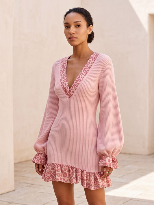Ribbed Knit Leopard Mini Sweater Dress