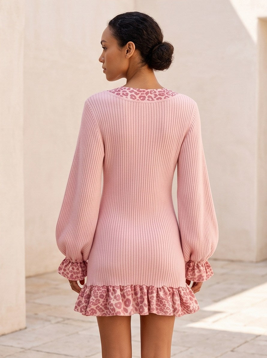 Ribbed Knit Leopard Mini Sweater Dress
