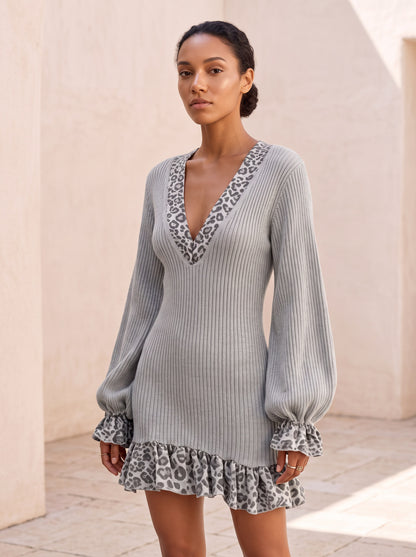 Ribbed Knit Leopard Mini Sweater Dress
