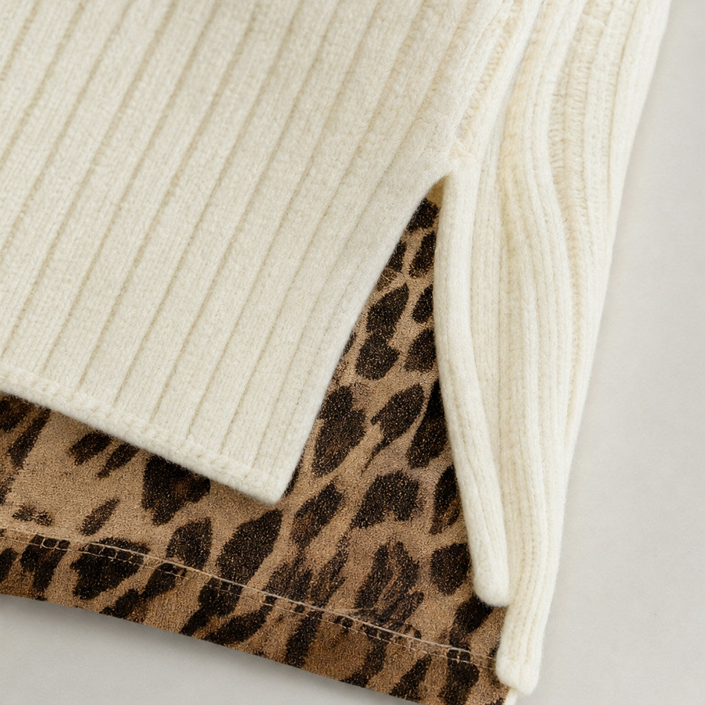 Ribbed Knit Long Sleeve Leopard Print Mini Sweater Dress