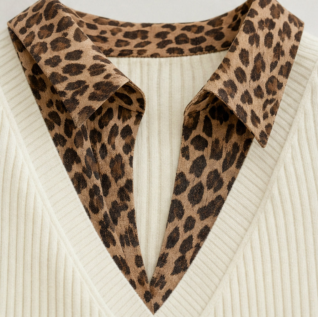 Ribbed Knit Long Sleeve Leopard Print Mini Sweater Dress