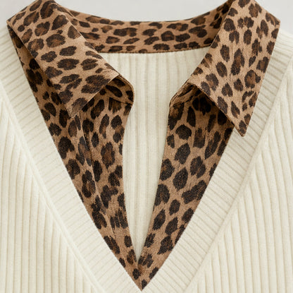 Ribbed Knit Long Sleeve Leopard Print Mini Sweater Dress