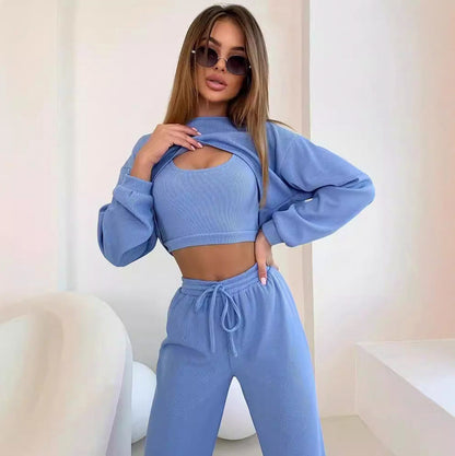 Ribbed Knit Crop Top Cropped Sweater and Wide Leg Pants Three Piece Set