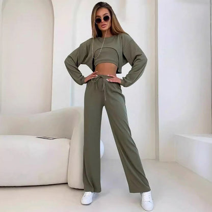 Ribbed Knit Crop Top Cropped Sweater and Wide Leg Pants Three Piece Set