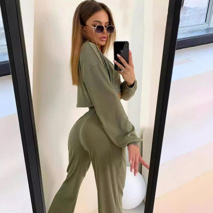Ribbed Knit Crop Top Cropped Sweater and Wide Leg Pants Three Piece Set