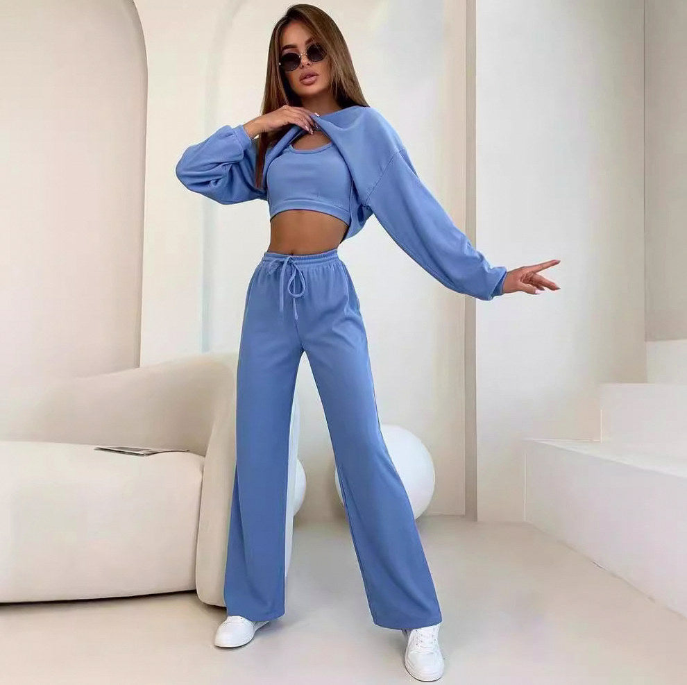 Ribbed Knit Crop Top Cropped Sweater and Wide Leg Pants Three Piece Set