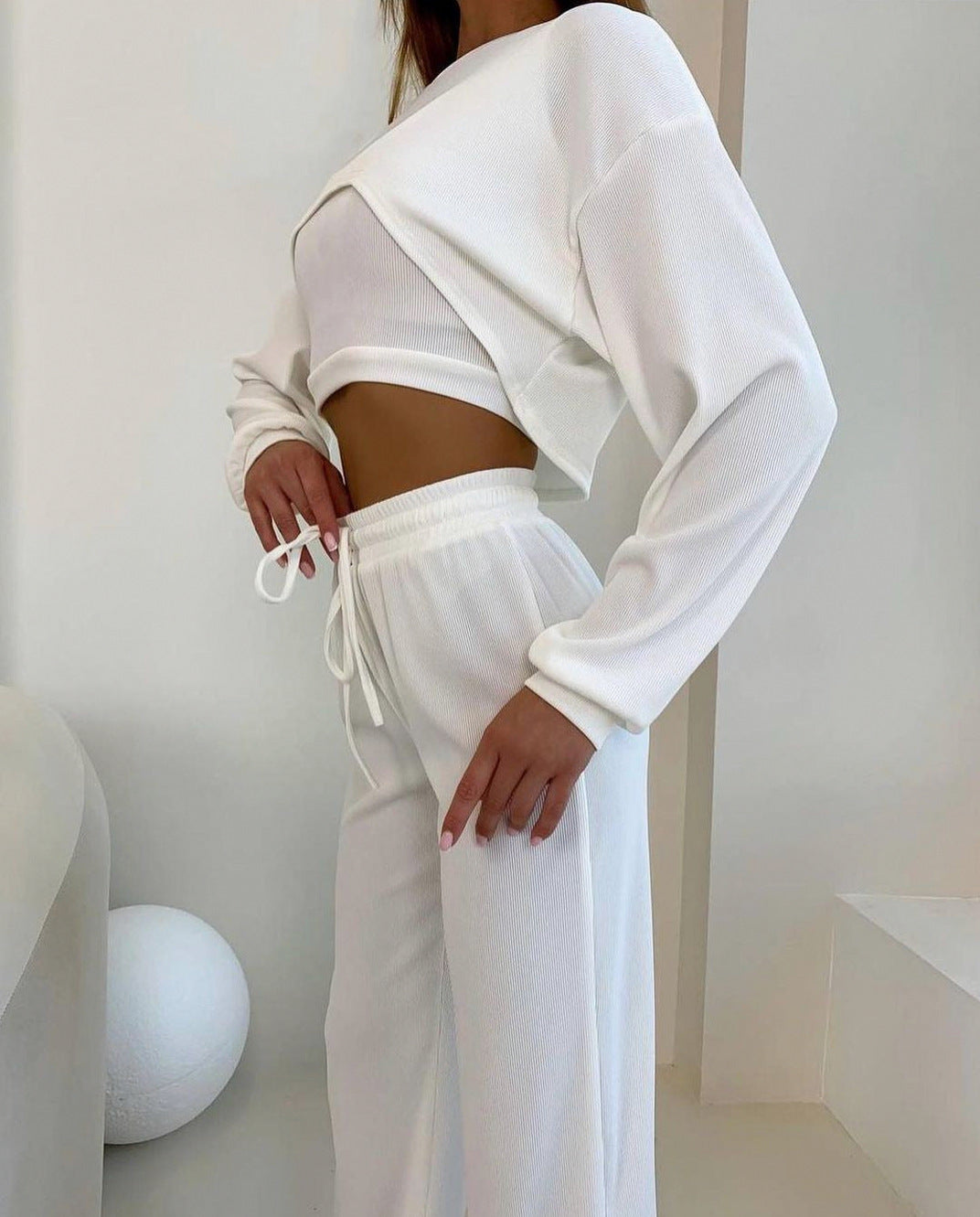 Ribbed Knit Crop Top Cropped Sweater and Wide Leg Pants Three Piece Set