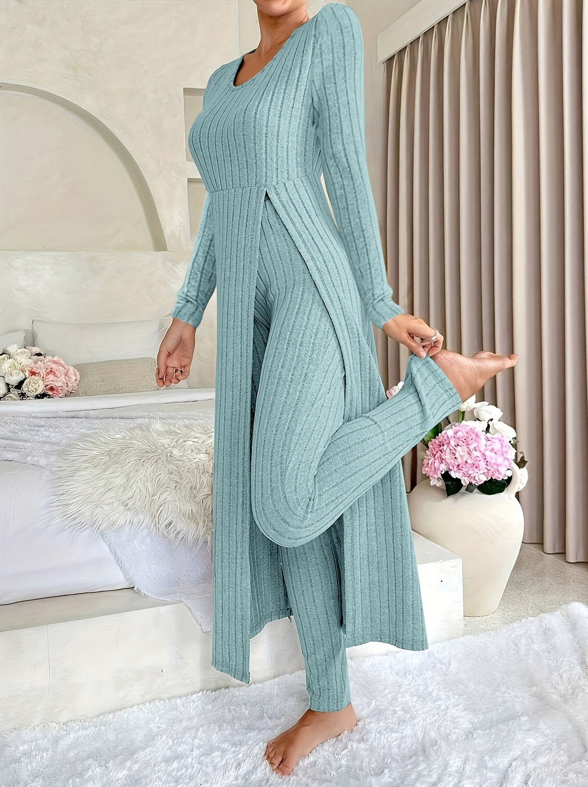 Ribbed Knit Long Sleeve Matching Set