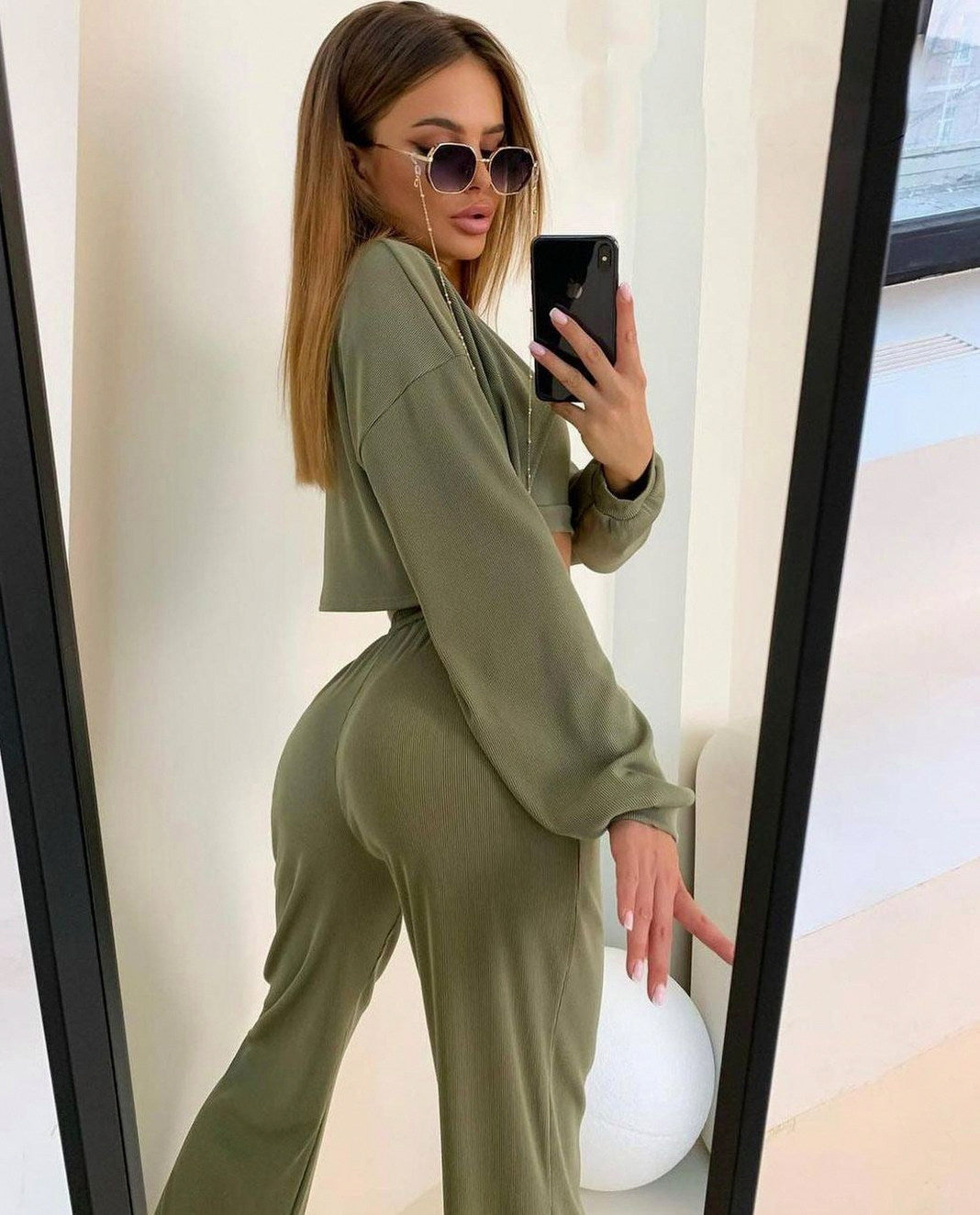 Ribbed Knit Crop Top Cropped Sweater and Wide Leg Pants Three Piece Set
