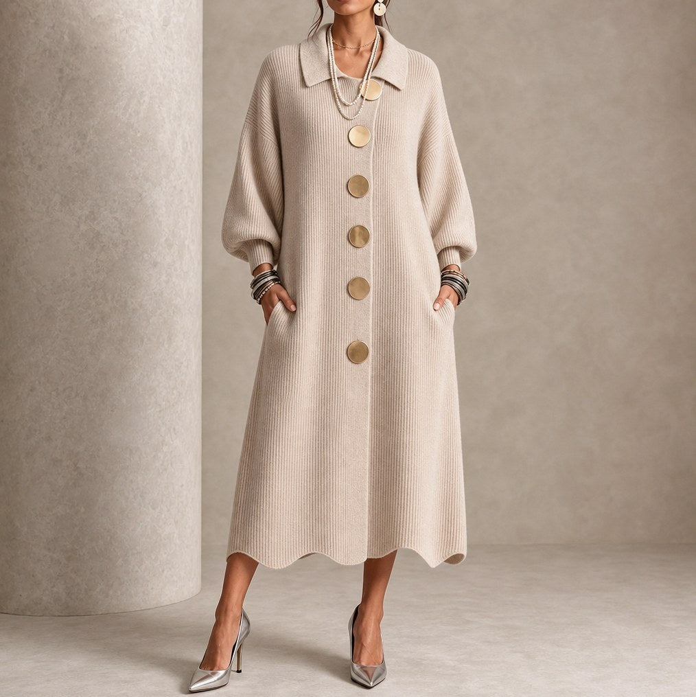Ribbed Knit Button Front Long Sleeve Scalloped Hem Midi Sweater Dress