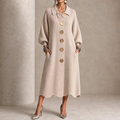 Ribbed Knit Button Front Long Sleeve Scalloped Hem Midi Sweater Dress