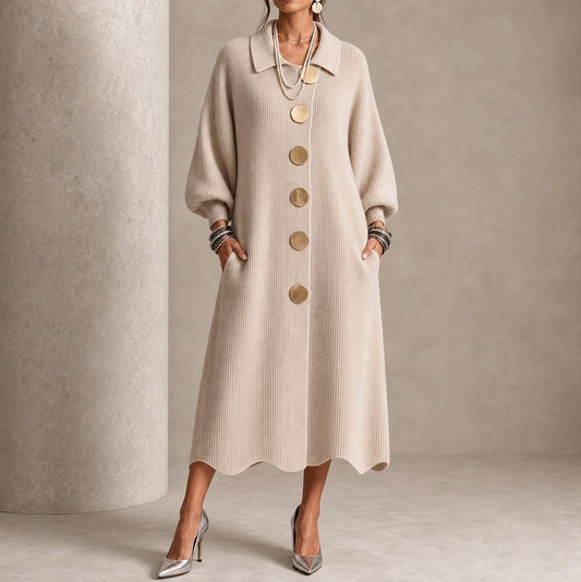 Ribbed Knit Button Front Long Sleeve Scalloped Hem Midi Sweater Dress