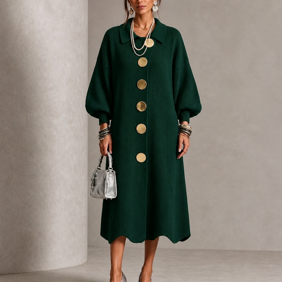 Ribbed Knit Button Front Long Sleeve Scalloped Hem Midi Sweater Dress