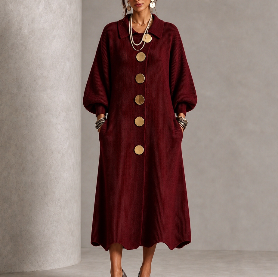 Ribbed Knit Button Front Long Sleeve Scalloped Hem Midi Sweater Dress