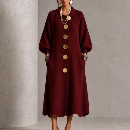 Ribbed Knit Button Front Long Sleeve Scalloped Hem Midi Sweater Dress