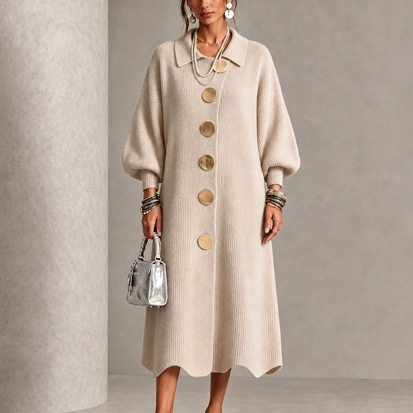 Ribbed Knit Button Front Long Sleeve Scalloped Hem Midi Sweater Dress